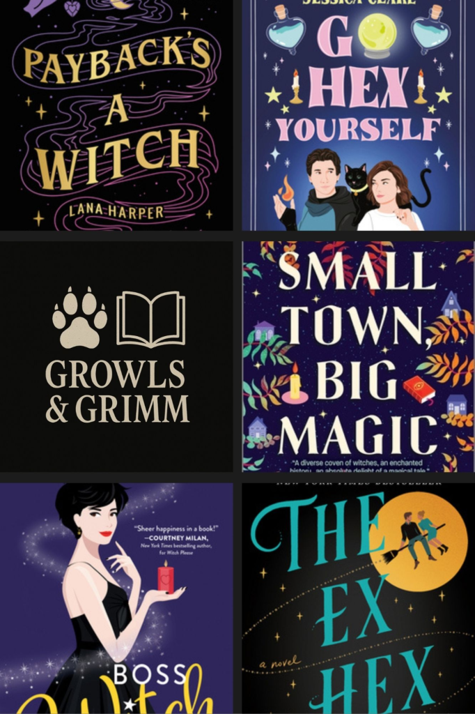 Collage of book covers representing witchy romance books – Growls & Grimm blog.