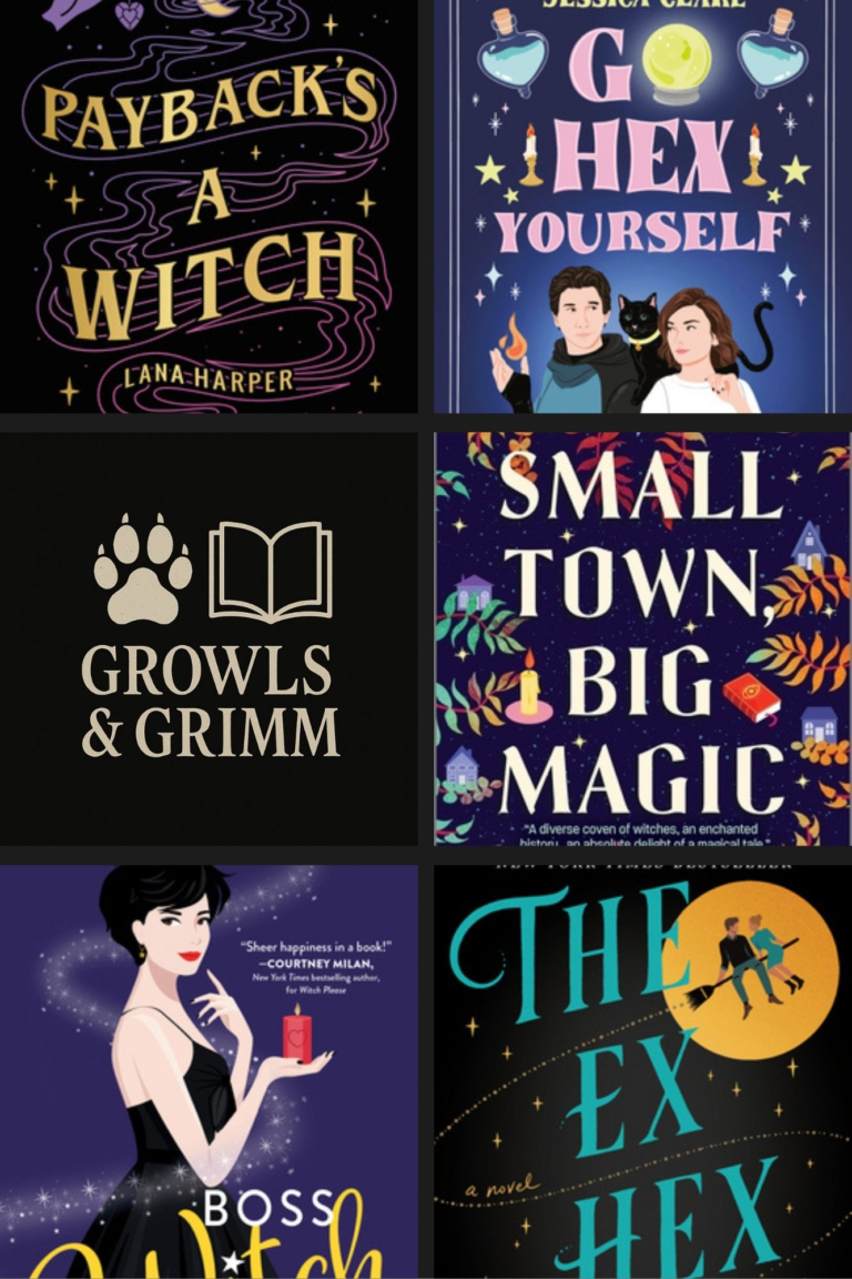 Collage of book covers representing witchy romance books – Growls & Grimm blog.