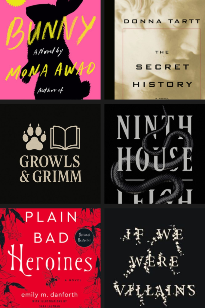 Collage of book covers representing dark academia mystery books – Growls & Grimm blog.