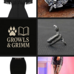 Flat lay of Halloween gothic style fashion featuring velvet skirt, lace blouse, serpent ring, skull tights, and butterfly skull necklace. - Growls and Grimm
