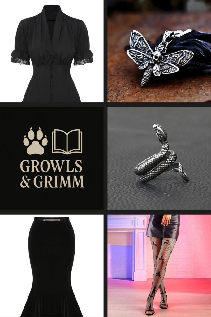 Flat lay of gothic Halloween fashion featuring velvet skirt, lace blouse, serpent ring, skull tights, and butterfly skull necklace. - Growls and Grimm