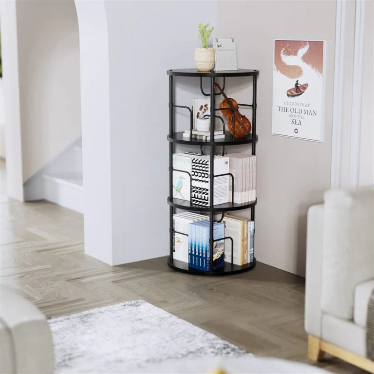 Round rotating bookshelf with books and gothic accents.