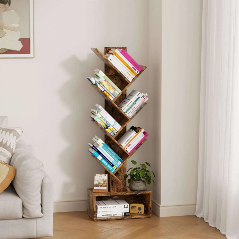 Rustic tree-shaped bookshelf with multiple tiers, styled in a dark academia home with books and gothic décor.