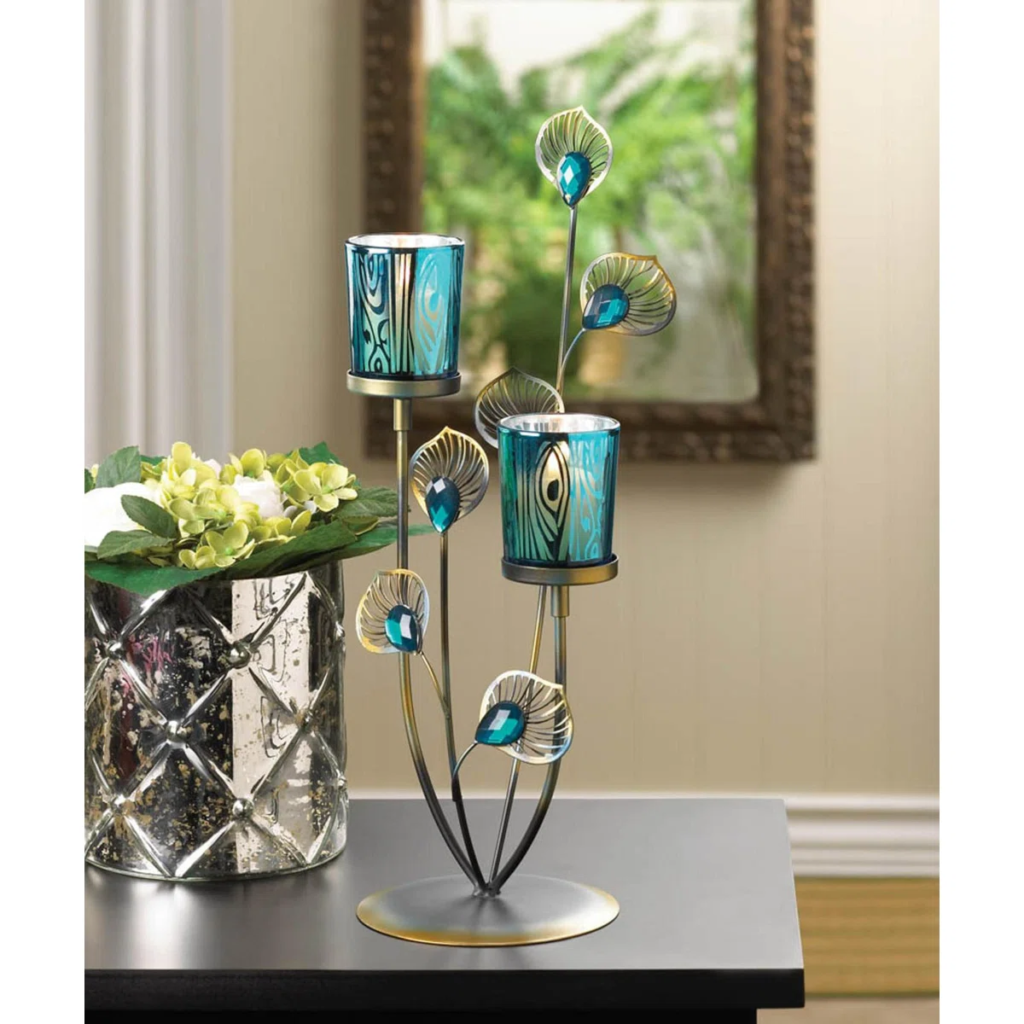 Wayfair gothic candelabra – peacock blue glass and gold accents, Growls and Grimm home decor idea.