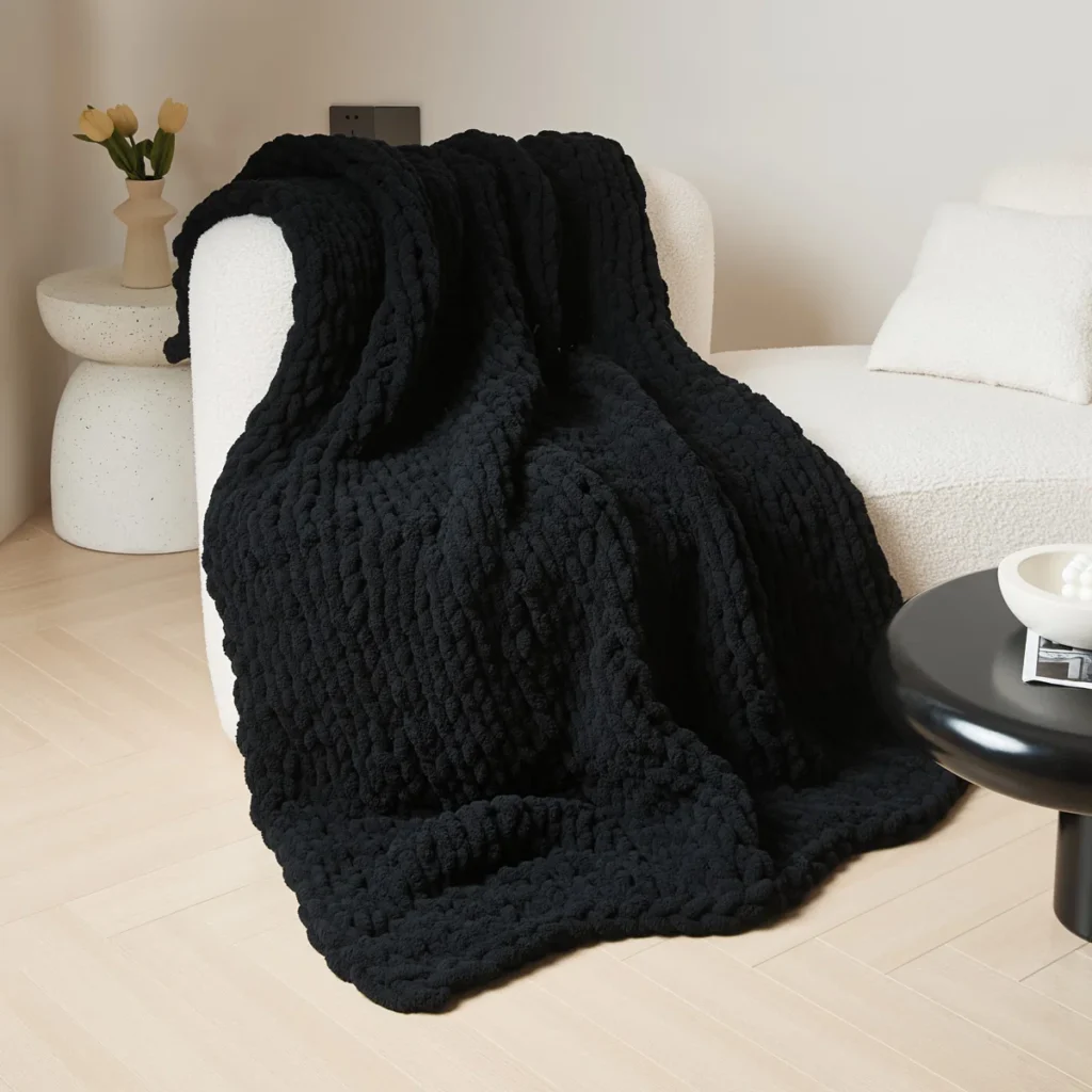 Wayfair chunky knit blanket – oversized cozy gothic throw, Growls and Grimm Spooky Season decor.