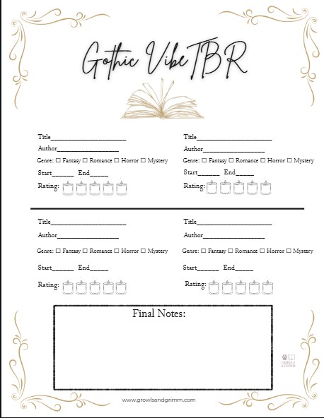 Simple year-round gothic book tracker printable for organizing reading lists at any time. evergreen T.B.R. tracker printable