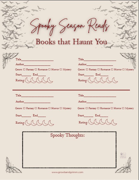 Autumn gothic reading tracker printable with space to record fall book selections