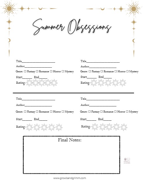 Cozy gothic summer reading tracker printable for tracking books and TBR lists