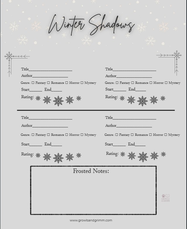 Gothic-inspired winter reading tracker printable with space to list books and track progress