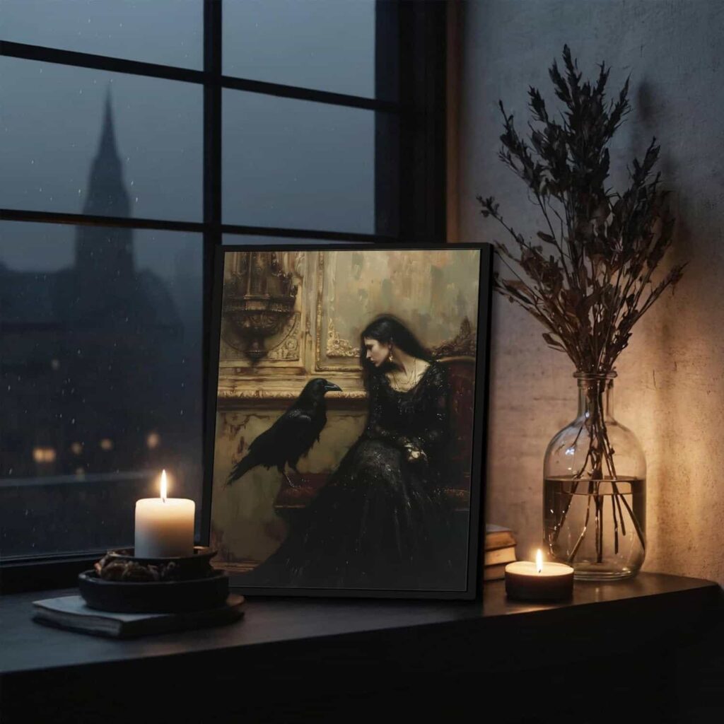 Gothic Raven & Woman Wall Art (Dark Academia Print)